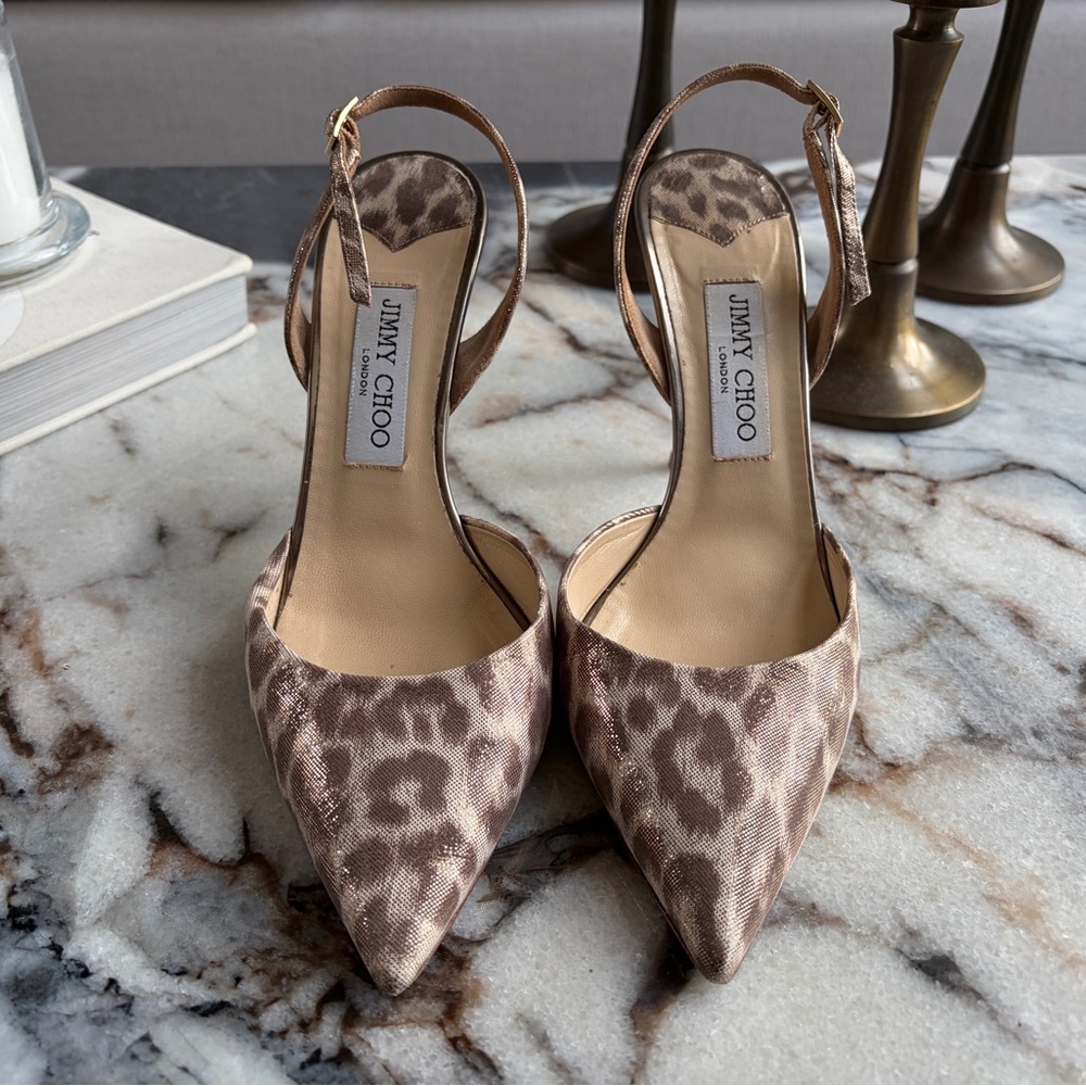 Jimmy Choo Leather Leopard Slingback Heels - Picture 2 of 9
